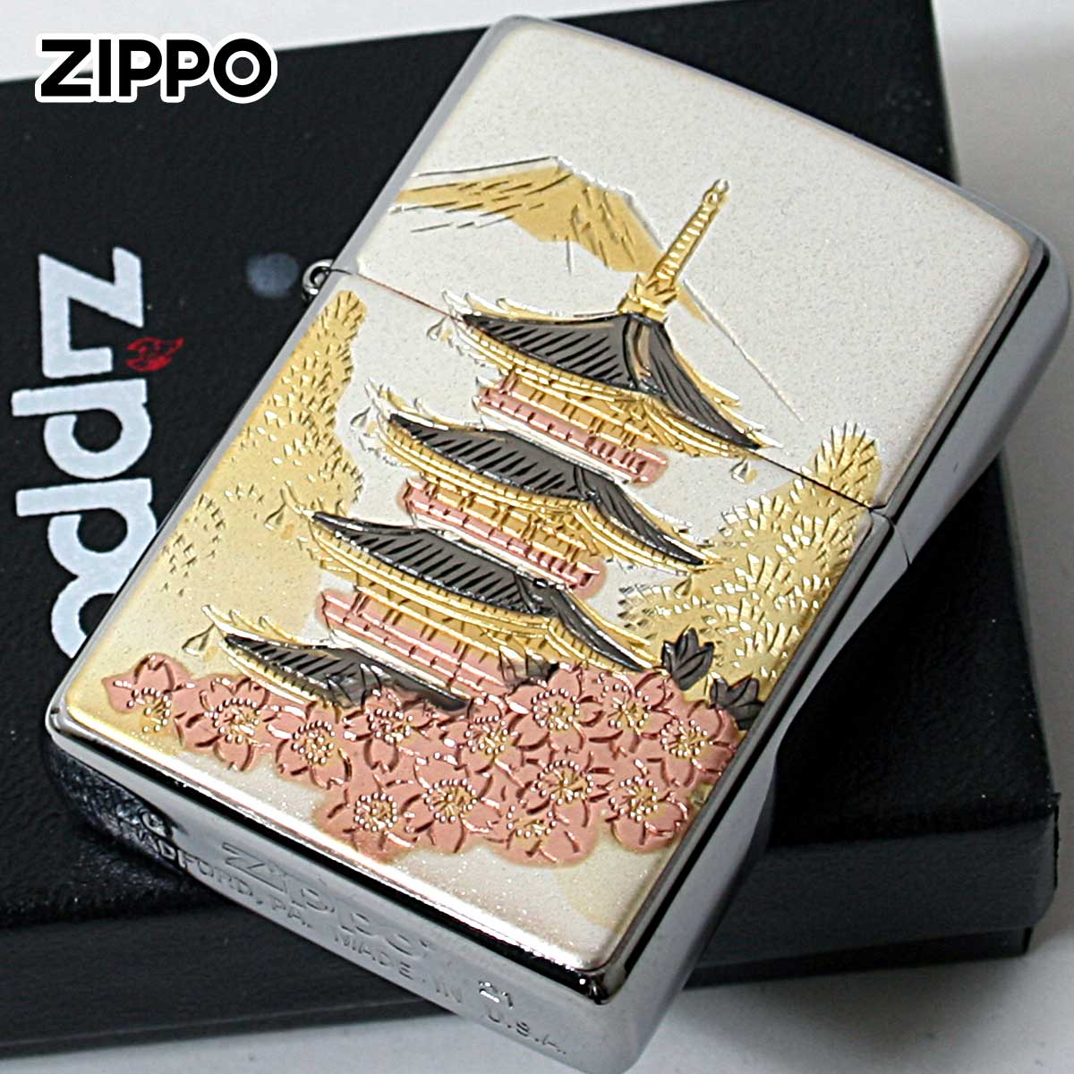 Zippo ジッポー 電鋳板 プレート貼り 和柄 伝統工芸 五重塔 メール便可