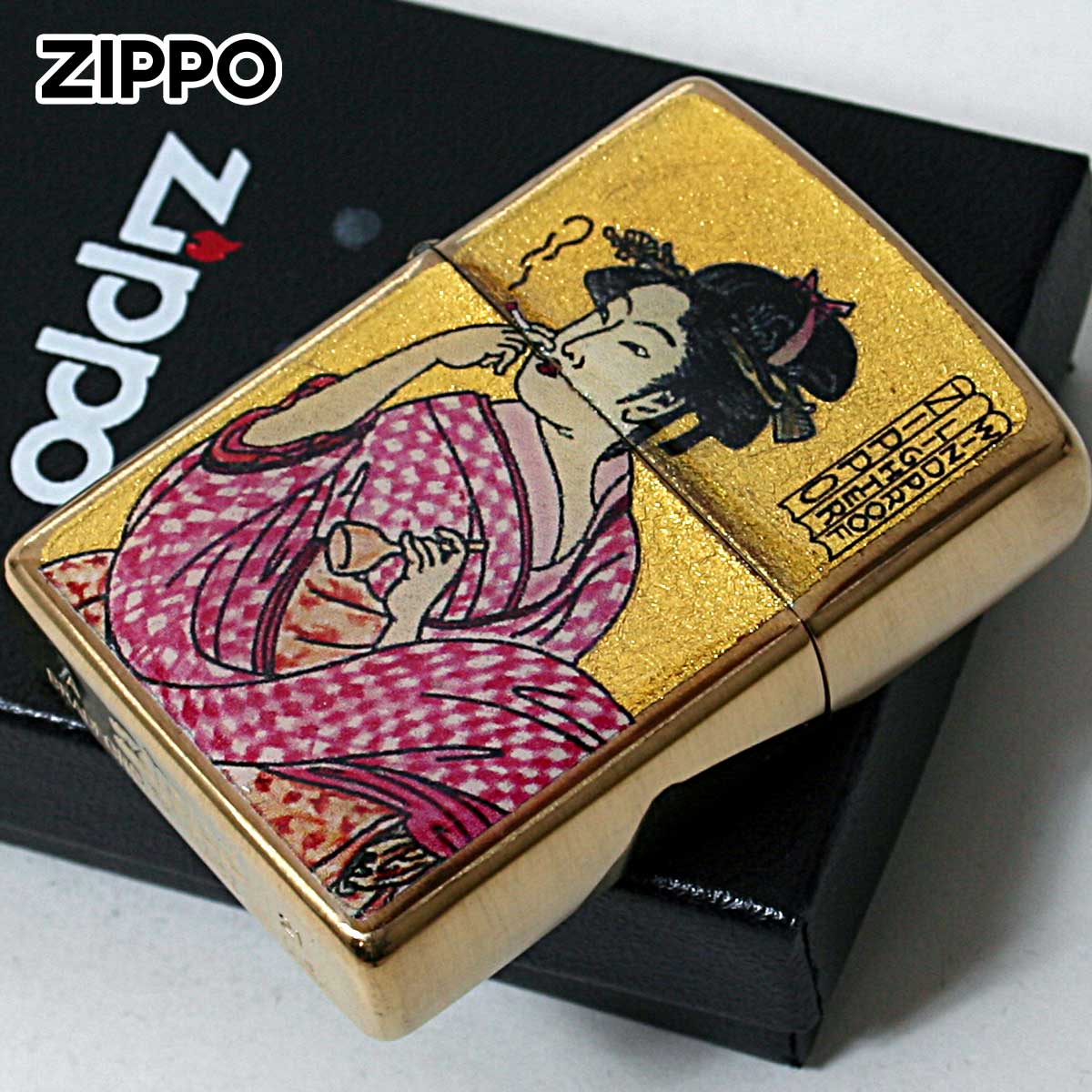 Zippo ジッポー 浮世絵 煙を吹く女 金箔エポ盛り 江戸時代 絵画 アート 煙を吹く女 メール便可