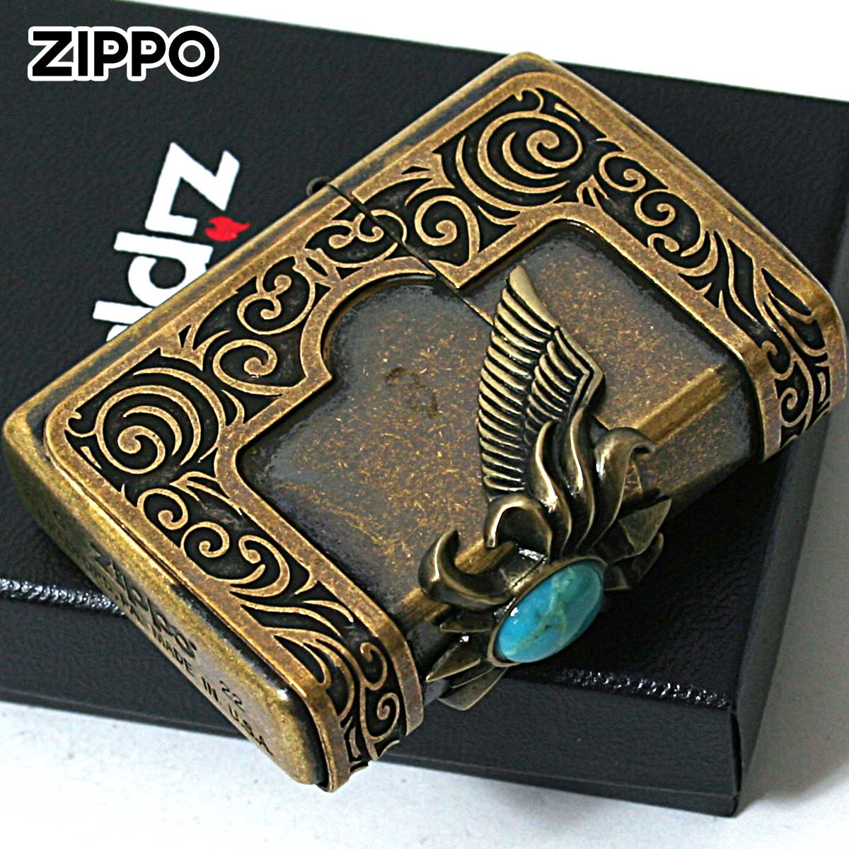 Zippo ジッポー ターコイズ 天然石 ウイング 羽 3面連続メタル ブラス古美バレル STONE WING METASL Turquoise ＃200 ブラス古美バレル