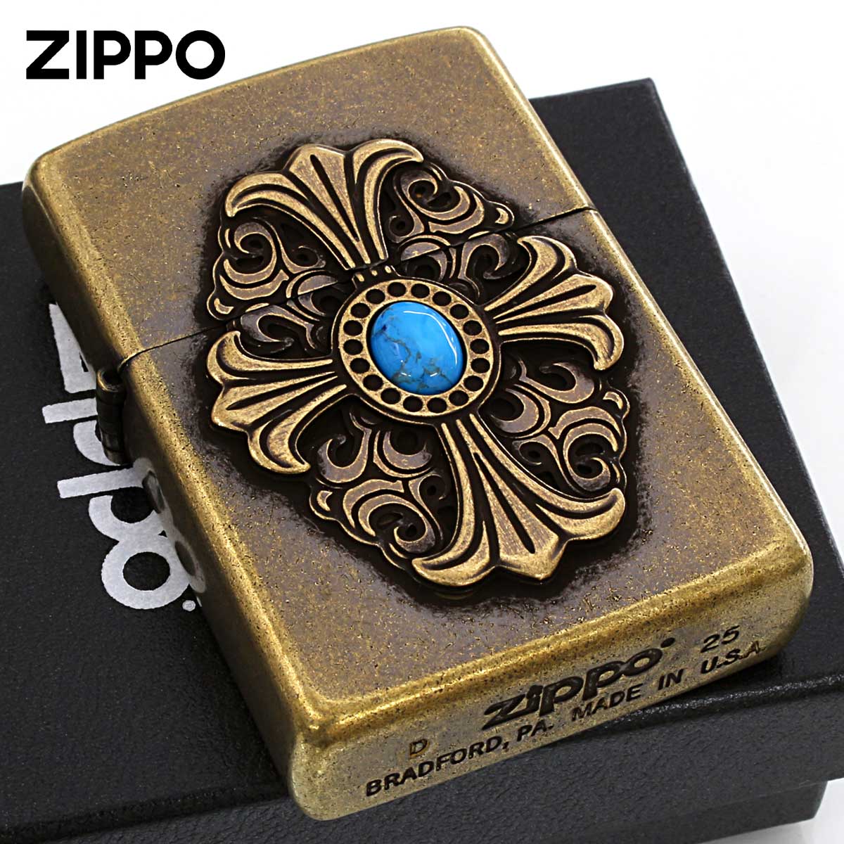 Zippo ジッポー ビックメタル クロス 十字架 ターコイズ 天然石 クロス＆ターコイズ
