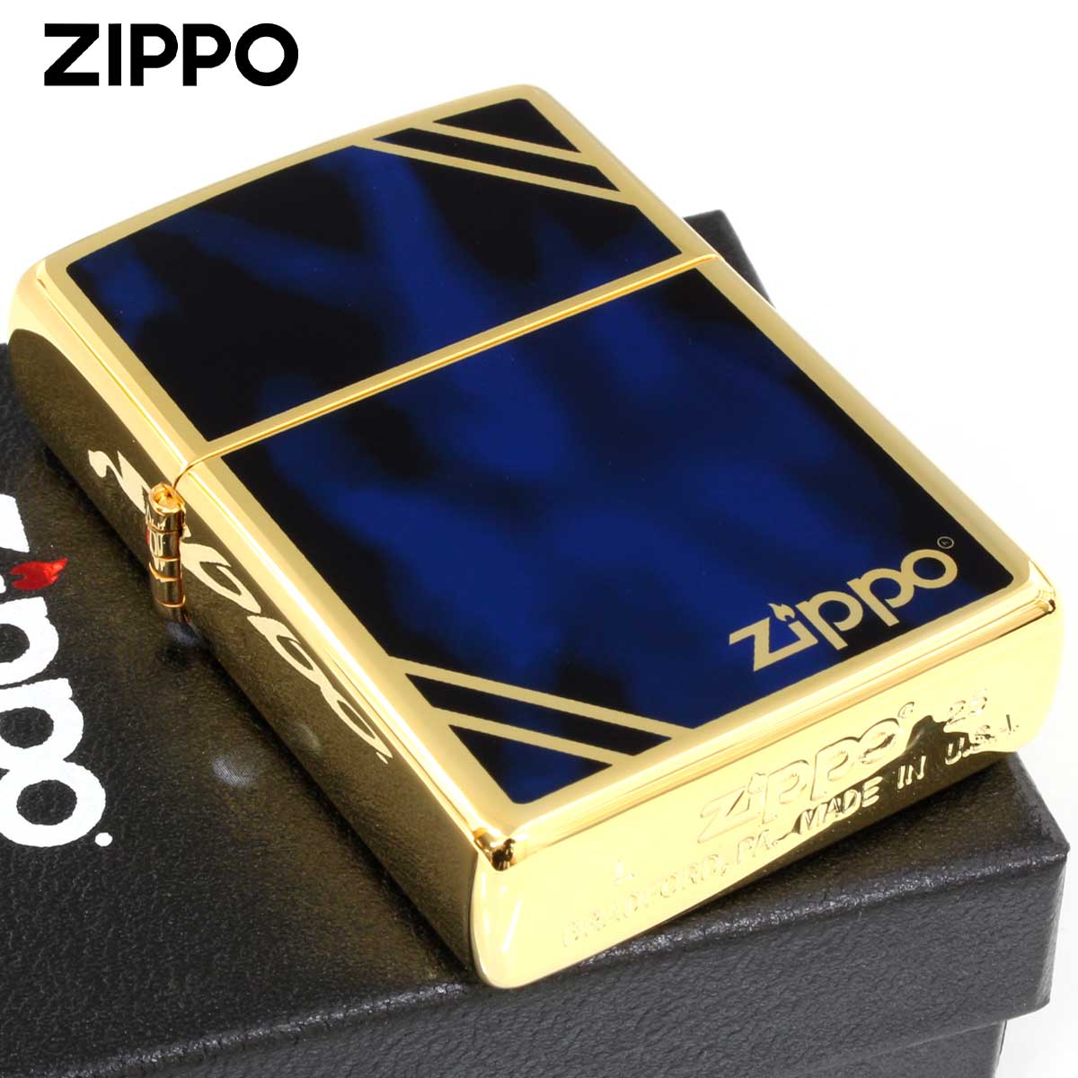 Zippo ジッポー Marvel マーブル ブルー ジッポロゴ ダイヤゴナルライン ゴールドタンク ZGD-MBL
