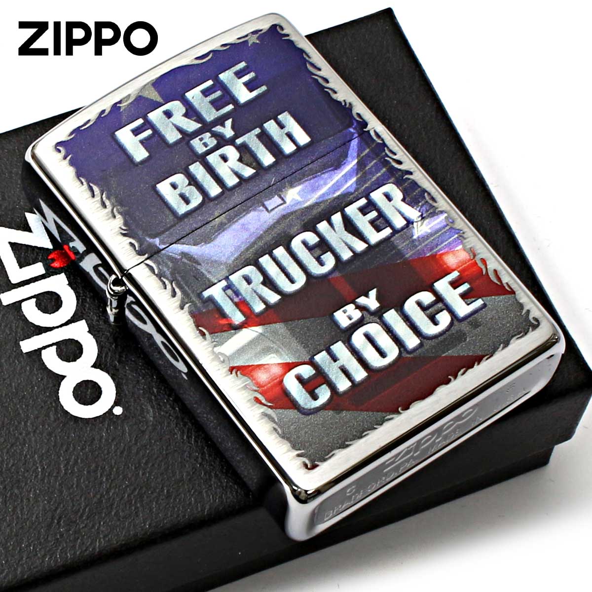 Zippo ジッポー アメリカ国旗 トラッカー 長距離運転 Free by Birth Trucker by Choice ブラッシュドクローム 29078 メール便可
