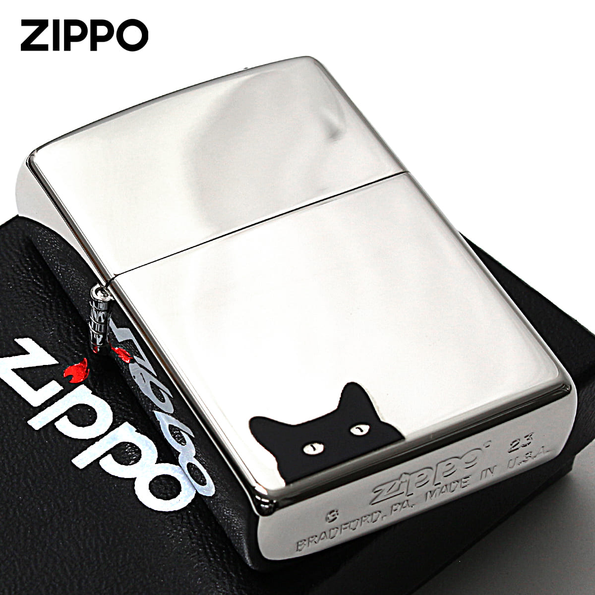 Zippo ジッポー ネコ 猫 Cat's eye キャットアイ 鏡面 ポリッシュ 銀メッキ 80044 メール便可
