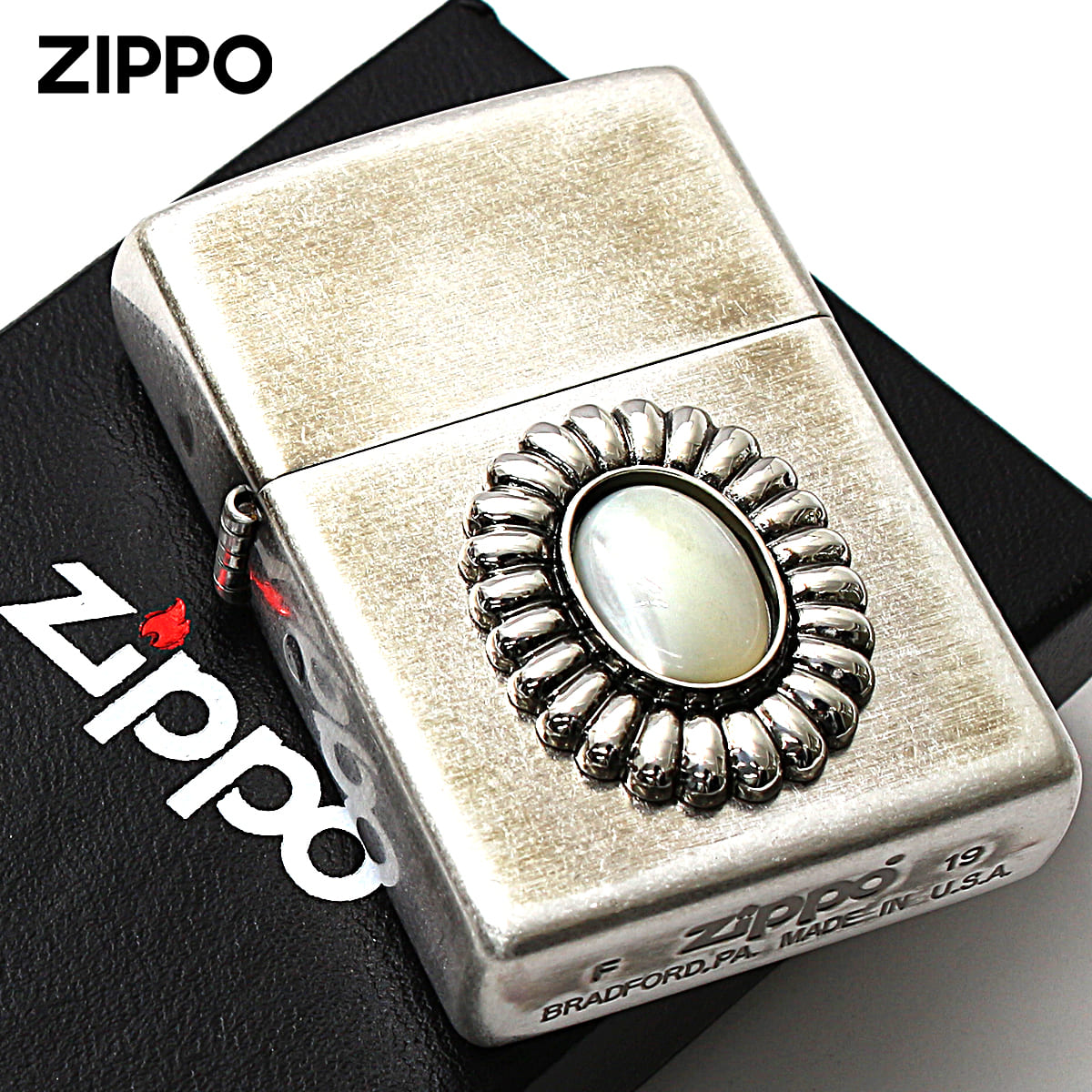 Zippo ジッポー 天然石 パワーストーン マザーオブパール 銀メッキバレル 70643 メール便可